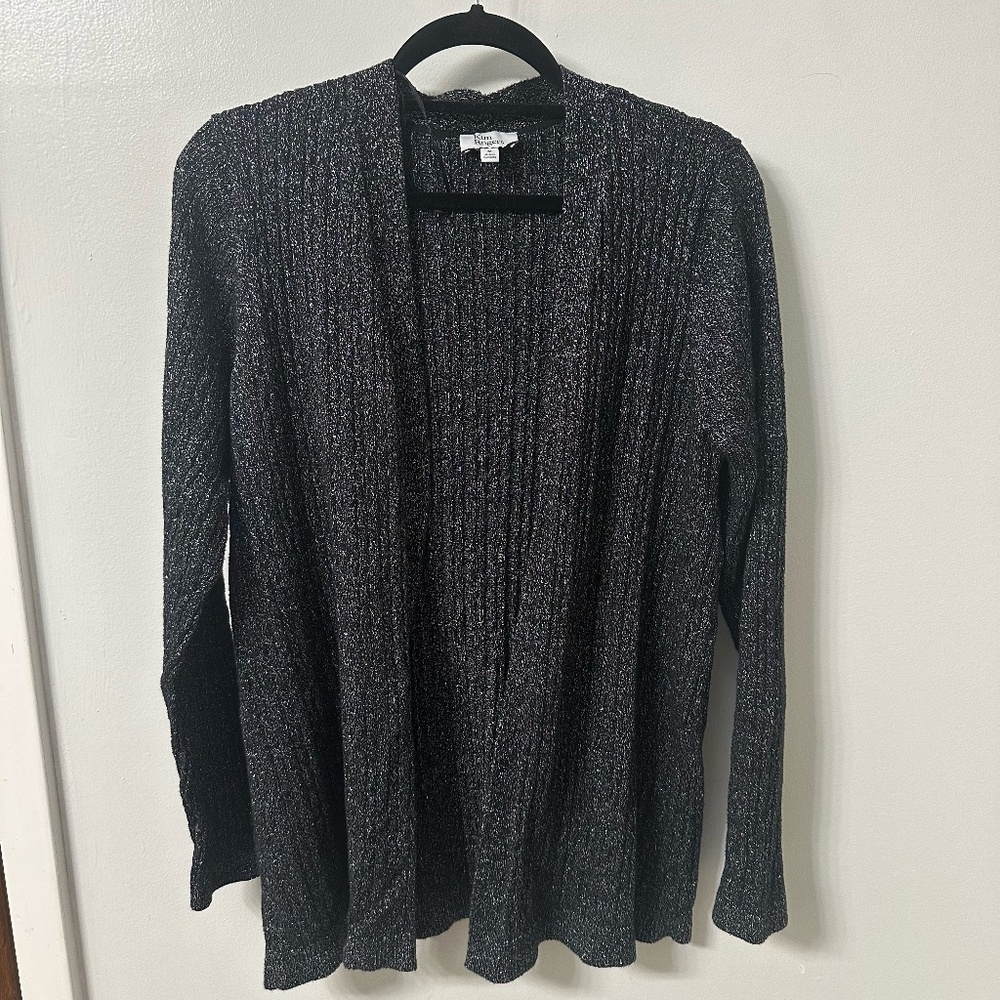 Kim Rogers Cardigan Stretchy Sparkle Black and Silver Metallic Sz. M